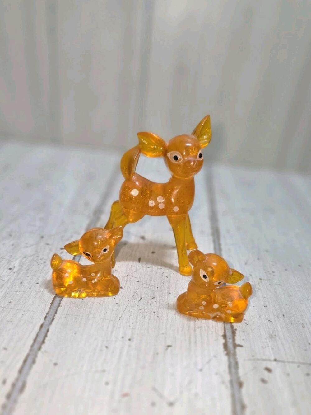 Vintage 1970s Orange Lucite Bambie Momma Deer And 2 Fawns Deer Family Kitschy